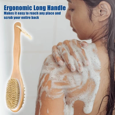 Unique Bargains Double Sided Bath Brush Wood Back Scrubber With Long Handle For Shower 14.6 Inches Brown 1 Pcs - Image 5