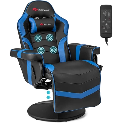 Costway Massage Gaming Recliner Height Adjustable Racing Swivel Chair With Cup Holder Blue/Black/Red - Image 9