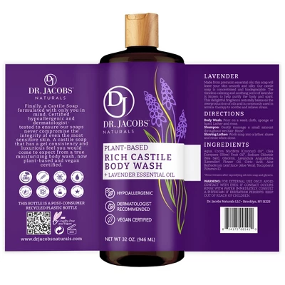 Dr Jacobs Naturals Rich Castile Lavender Body Wash Hypoallergenic Vegan Sulfate-Free Paraben-Free Dermatologist Recommended 32oz - Lavender - Image 3