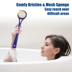 Unique Bargains Back Scrubber For Shower Bath Brush With Bristles And Loofah Shower With Long Handle For Skin Exfoliating Blue White 2pcs