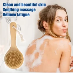 Unique Bargains Double Sided Bath Brush Wood Back Scrubber With Handle For Shower Brown 1 Pcs