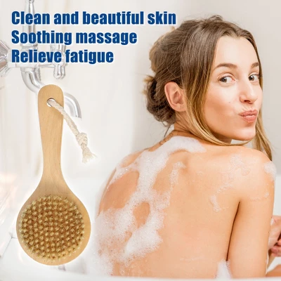 Unique Bargains Double Sided Bath Brush Wood Back Scrubber With Handle For Shower Brown 1 Pcs