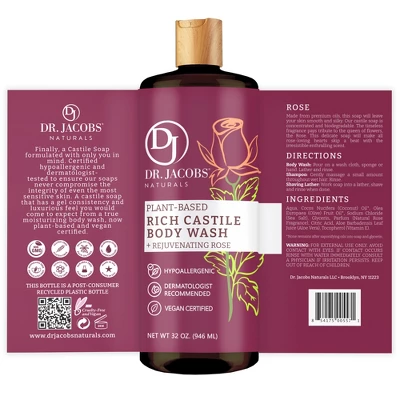 Dr Jacobs Naturals Rich Castile Rose Body Wash Hypoallergenic Vegan Sulfate-Free Paraben-Free Dermatologist Recommended 32oz - Rose - Image 3