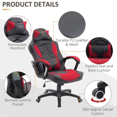 HOMCOM 6 Vibrating Point Massage Computer Gaming Chair 5 Modes, Racing Style Heated Desk Chair Swivel Rolling Chair With Headrest - Image 4