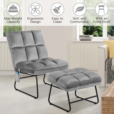 Costway Electric Massage Chair Vibrating Velvet Sofa W/Ottoman And Remote Control Gray - Image 3