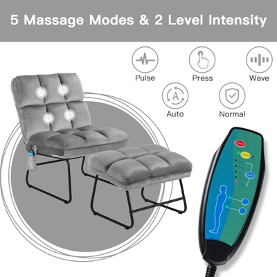 Costway Electric Massage Chair Vibrating Velvet Sofa W/Ottoman And Remote Control Gray - Image 4