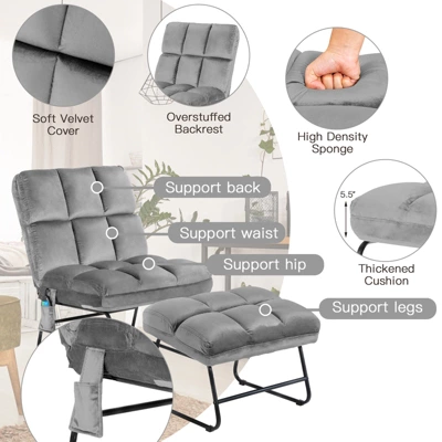 Costway Electric Massage Chair Vibrating Velvet Sofa W/Ottoman And Remote Control Gray - Image 6