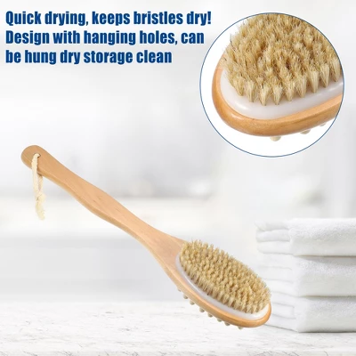 Unique Bargains Double Sided Bath Brush Wood Back Scrubber With Long Handle For Shower 14.6 Inches Brown 1 Pcs - Image 2