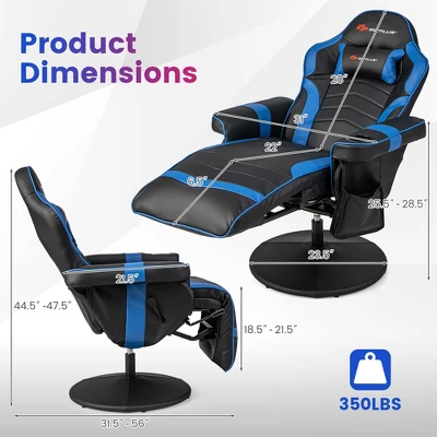 Costway Massage Gaming Recliner Height Adjustable Racing Swivel Chair With Cup Holder Blue/Black/Red - Image 2