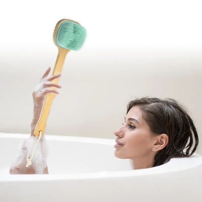 Unique Bargains Dual-Side Silicone Long Handle Bath Brush 1 Pc