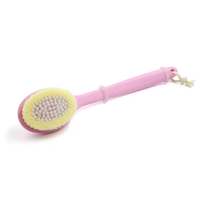 Unique Bargains Soft Bristle Pink Curved Plastic Handle Scrub Brush Exfoliating Tool