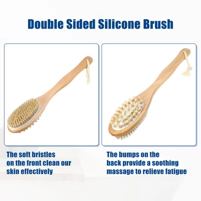 Unique Bargains Double Sided Bath Brush Wood Back Scrubber With Long Handle For Shower 14.6 Inches Brown 1 Pcs - Image 4