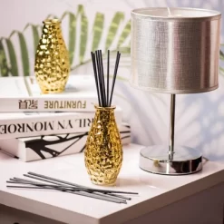 EAST CREEK 8 Ounce Pebble Grain Glass Diffuser Bottles, Set Of 6 With 48pcs Dark Grey Fiber Sticks , Yellow